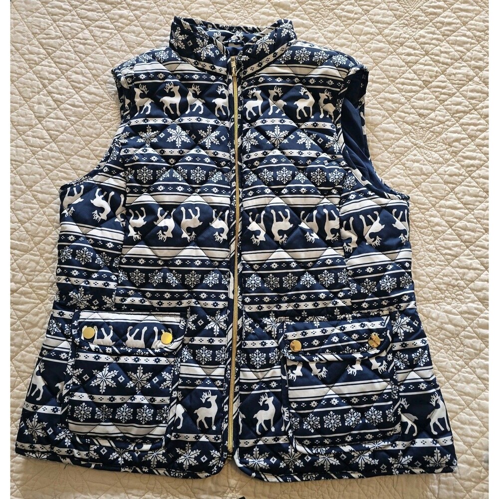 St Johns Bay Womens Puffer Vest Size L Navy Reindeer Snowflake Quilted Full Zip